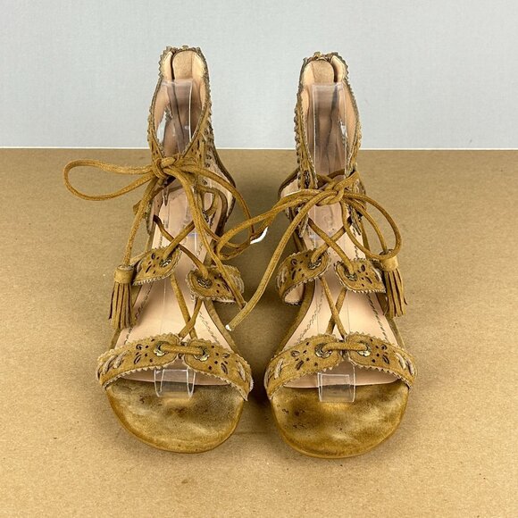 Coach Via Demi Wedge Sandals Tassel Lace Up Womens 8.5 Tan Leather - Picture 2 of 10